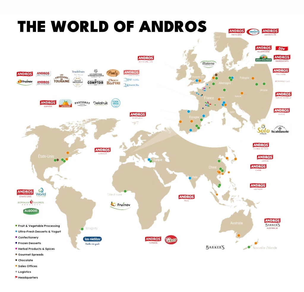 The World of Andros: map of the Group’s sites and brands around the world