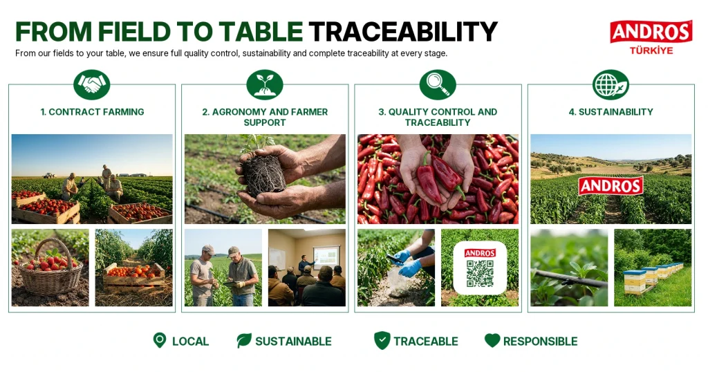 Field-to-table traceability diagram: contract farming, agronomy and farmer support, quality control and traceability, sustainability