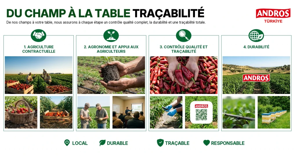 Schéma de traçabilité du champ à la table : agriculture contractuelle, agronomie et accompagnement des agriculteurs, contrôle qualité et traçabilité, durabilité